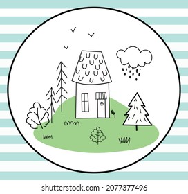 Summer rain.Print with cute house in summer village. Illustration for textiles and packaging paper.