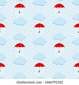Summer rainy day sky cute vector seamless pattern with fluffy clouds and red umbrella on blue heaven background. Endless texture for web, covers, banners, decoration, bright light children's design.