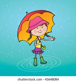 Summer rainy day. Vector illustration of a cute girl enjoying a summer rainy day.
