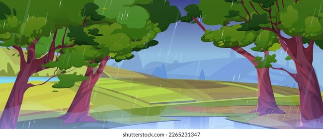 Summer rainy landscape with farm fields, forest and river. Rural fall scene, countryside with trees with green foliage, fields, puddle and road, vector cartoon illustration