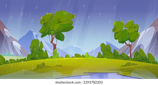 Summer rainy mountain valley landscape illustration cartoon vector illustration. Beautiful and wild nature scenery environment with falling rain drops. Wet weather with puddle on green grass