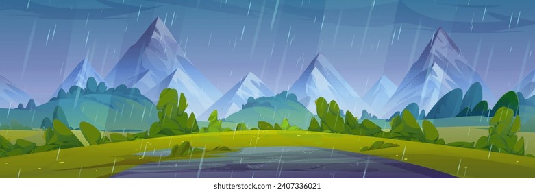 Summer rainy natural landscape with puddle on green grass of meadow in foot of high mountains. Cartoon vector panoramic country scenery with grassland near hills under rain falling from cloudy sky.