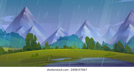 Summer rainy natural landscape with puddle on green grass of meadow in foot of high mountains. Cartoon vector panoramic country scenery with grassland near hills under rain falling from cloudy sky.