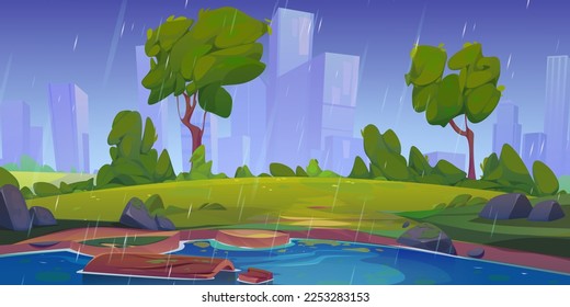 Summer rainy park with lake in big city. Cartoon vector illustration of beautiful public garden landscape with river, green grass and trees, modern building silhouettes in background under blue sky