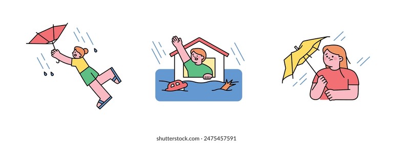 Temporada lluviosa de verano. Un paraguas se voltea con un fuerte viento. Una casa está sumergida en una inundación. 
 esboce una Ilustración vectorial simple.