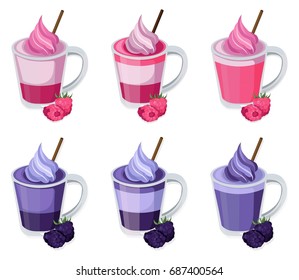 Summer raspberry cocktail fruits set vector. Fresh drink retro style background