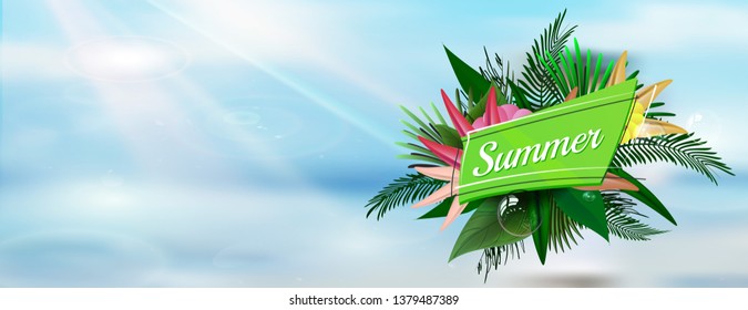 Summer raster poster with green typography composition on  beach background. Leafs and bubbles on summer light backdrop