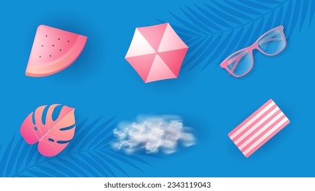 Summer realistic 3d rendering vector icons set. watermelon, umbrella, glass, tropical leaves, clouds, mat.
