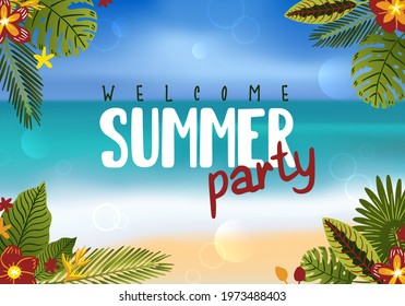 Summer realistic background with text and exotic leaves, summer party time illustration. Beach tropical sea bright sunset. Vector template