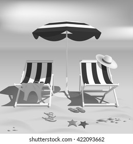 Summer. Recliners and Beach umbrella. Black and white photo effect. Sea. 
Summer rest. Vector Illustration