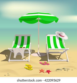 Summer. Recliners and Beach umbrella. Summer rest. Beach and sea. Vector Illustration