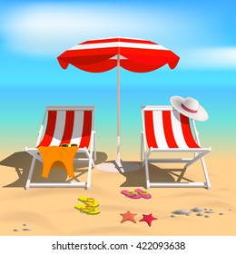 Summer. Recliners and Beach umbrella. Beach and sea. Vector Illustration