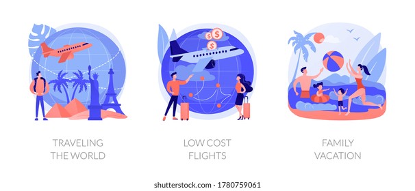 Esparcimiento de verano y metáforas de aventura. Viajando por el mundo, vuelos baratos, vacaciones familiares. Vacaciones de vacaciones en el mar. Boletos de avión baratos. Ilustraciones de metáforas conceptuales aisladas por vectores.