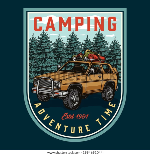 Summer recreation colorful vintage badge\
with travel car with tourist equipment baggage on forest landscape\
isolated vector\
illustration
