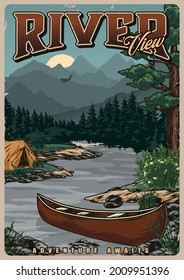 Summer recreation colorful vintage poster with tent wooden canoe on river and flying bird on forest and mountains landscape vector illustration