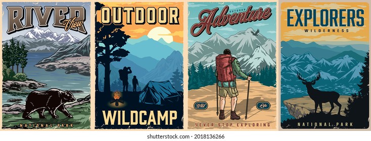 Summer recreation colorful vintage posters with bear on coast of lake man and boy tourists near tent and campfire hiker with trekking poles deer on cliff and mountains landscape vector illustration