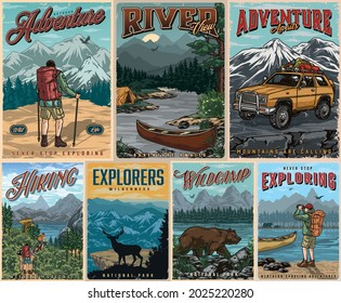Summer recreation colorful vintage posters with hikers and cyclist travelers wooden canoe tent travel car with camping baggage deer and walking bear on nature landscapes vector illustration