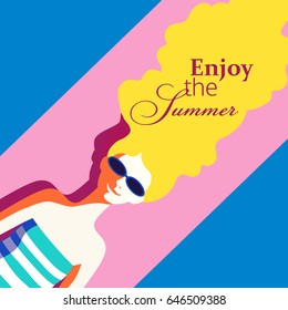 Summer recreation concept. Hand drawn retro poster in pop art style. Beach hot season fun and rest. Blondy girl laying on beach. Beautiful young woman in sunglasses. Vector summer holiday background