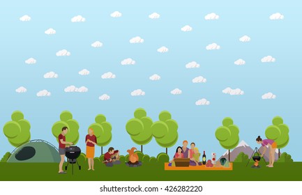Summer recreation concept vector banner in flat style. People camping in park.