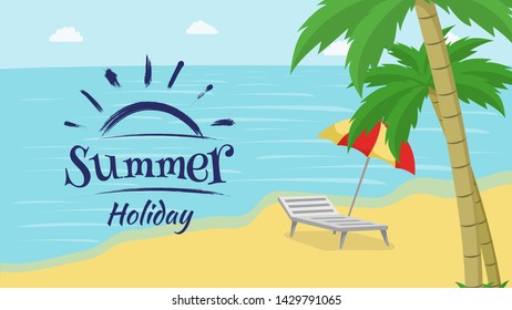 Summer recreation flat vector banner template. Seaside resort promo with blue brush stroke sun symbol, logo. Summertime vacation, relax on beach with palm trees, travel agency advert poster layout