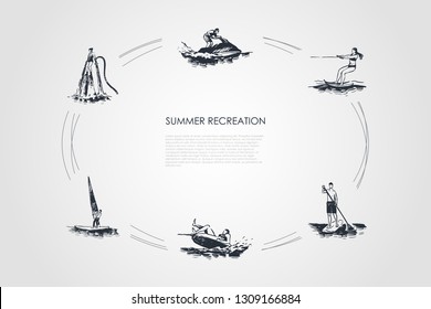 Summer recreation - flyboarding, water skiing, paddle boarding, sailing, jet ski vector concept set. Hand drawn sketch isolated illustration