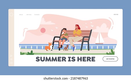 Summer Recreation Landing Page Template. Little Boy and Mother Eating Ice Cream Sitting on Bench at Embankment. Happy Family Characters Enjoying Outdoor Weekend. Cartoon People Vector Illustration