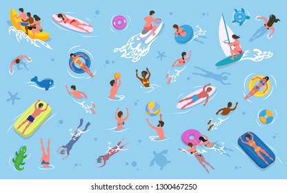 Summer recreation, men and women swimming in water vector. Girls and guys in swimsuits, inflatable mattress and rings, surfboard and sailboard, waterbike