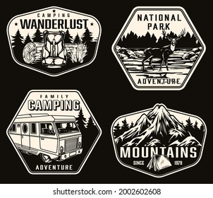 Summer recreation and national park labels in vintage monochrome style with backpack wooden log motorhome deer tourist tent and mountain isolated vector illustration
