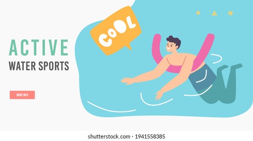 Summer Recreation in Ocean or Lesson Landing Page Template. Little Boy Learning to Swim Floating on Bar in Swimming Pool or Sea. Child Character Sports Activity. Cartoon People Vector Illustration