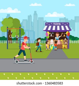 Summer Recreation in Park Flat Vector Illustration. Soft Toys Kiosk, Gift Shop, Stand with Presents. Smiling Seller and Joyful Children Cartoon Characters. Lady Selling Balloons, Boy Riding Scooter