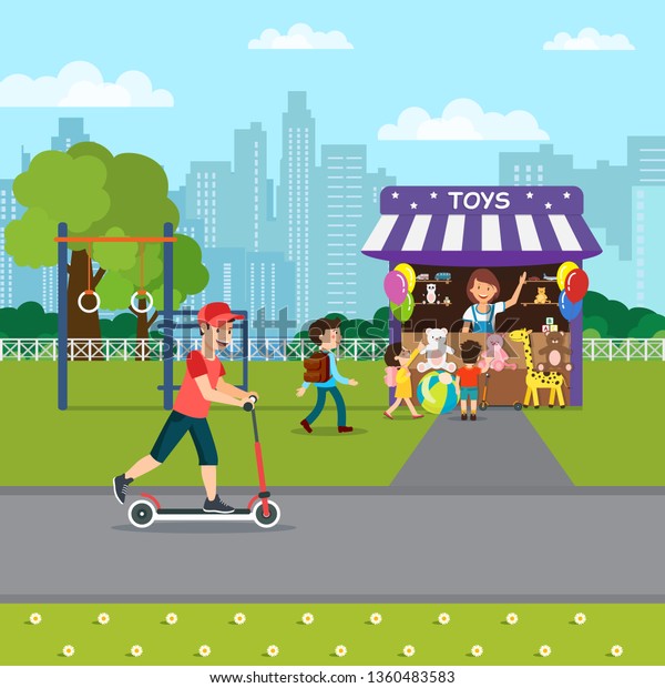 Summer Recreation in Park Flat Vector\
Illustration. Soft Toys Kiosk, Gift Shop, Stand with Presents.\
Smiling Seller and Joyful Children Cartoon Characters. Lady Selling\
Balloons, Boy Riding\
Scooter