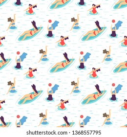 Summer Recreation Party Time Plus Size Girl Motivation Seamless Repeat Pattern Vector Cartoon Illustration Active Woman Characters Swimming in Pool or Sea Lying on Surfboard Doing Water Exercise