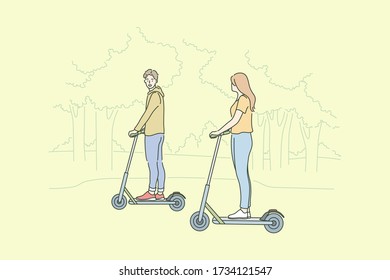 Summer recreation, riding concept. Young happy couple in love man woman boyfriend girlfriend cartoon characters ride electric scooter at park together. Active lifestyle and leisure time illustration.