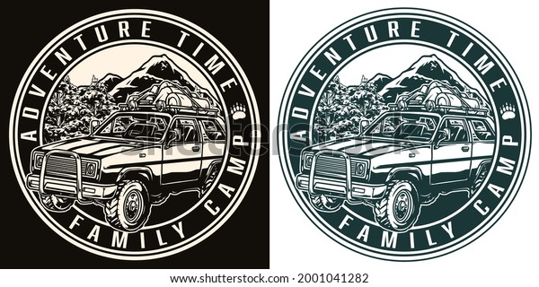 Summer recreation round\
vintage print in monochrome style with travel suv car with camping\
baggage on roof on forest and mountains landscape isolated vector\
illustration
