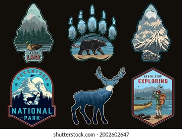 Summer recreation vintage colorful emblems with walking bear deer wild duck swimming in lake traveler looking through binoculars at nature landscape isolated vector illustration