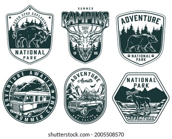 Summer recreation vintage designs set with camping and national park monochrome labels and badges isolated vector illustration