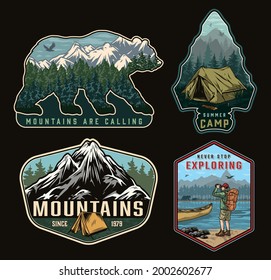 Summer recreation vintage emblems with mountains tent forest canoe on lake tourist looking through binoculars at national park and nature landscape inside bear silhouette isolated vector illustration