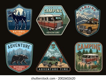 Summer recreation vintage logos with moose bear motorhome travel cars camper sitting on wooden log and traveler looking through binoculars on nature landscape isolated vector illustration