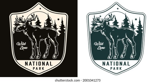 Summer recreation vintage monochrome badge with moose on night forest stars and moon landscape isolated vector illustration