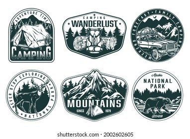 Summer recreation vintage monochrome labels with tourist tent backpack wooden log deer bear travel car with camping equipment on roof nature landscapes isolated vector illustration
