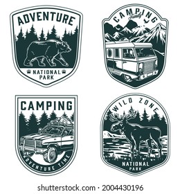 Summer recreation vintage monochrome labels with bear moose travel car and bus on nature landscapes isolated vector illustration