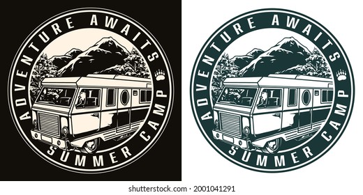 Summer recreation vintage round badge in monochrome style with motorhome on trees and mountains landscape isolated vector illustration