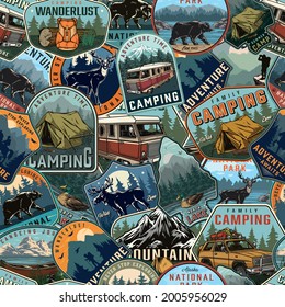 Summer recreation vintage seamless pattern with camping and national park colorful labels and emblems vector illustration