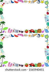 Summer rectangular horizontal frame of summer items, flat summer vector