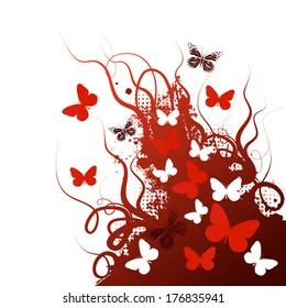 Summer red abstraction with butterflies. Vector