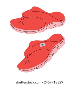 Summer red flip flops. Trendy summer shoes. Unisex slates. Vector illustration.