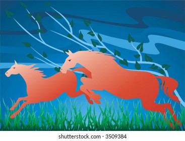 Summer and red horses skip on a green grass.