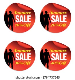 Summer red sale stickers set 10%, 20%, 30%, 40% off with surfer. Vector illustration