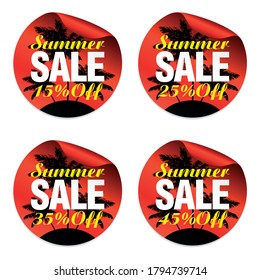 Summer red sale stickers set 15%, 25%, 35%, 45% off with island with palm trees. Vector illustration