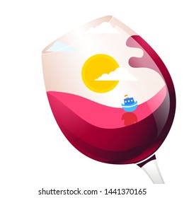 Summer Red Wine Flat Design Vectoral Illustration. With Small Ship. Sun and Clouds Background